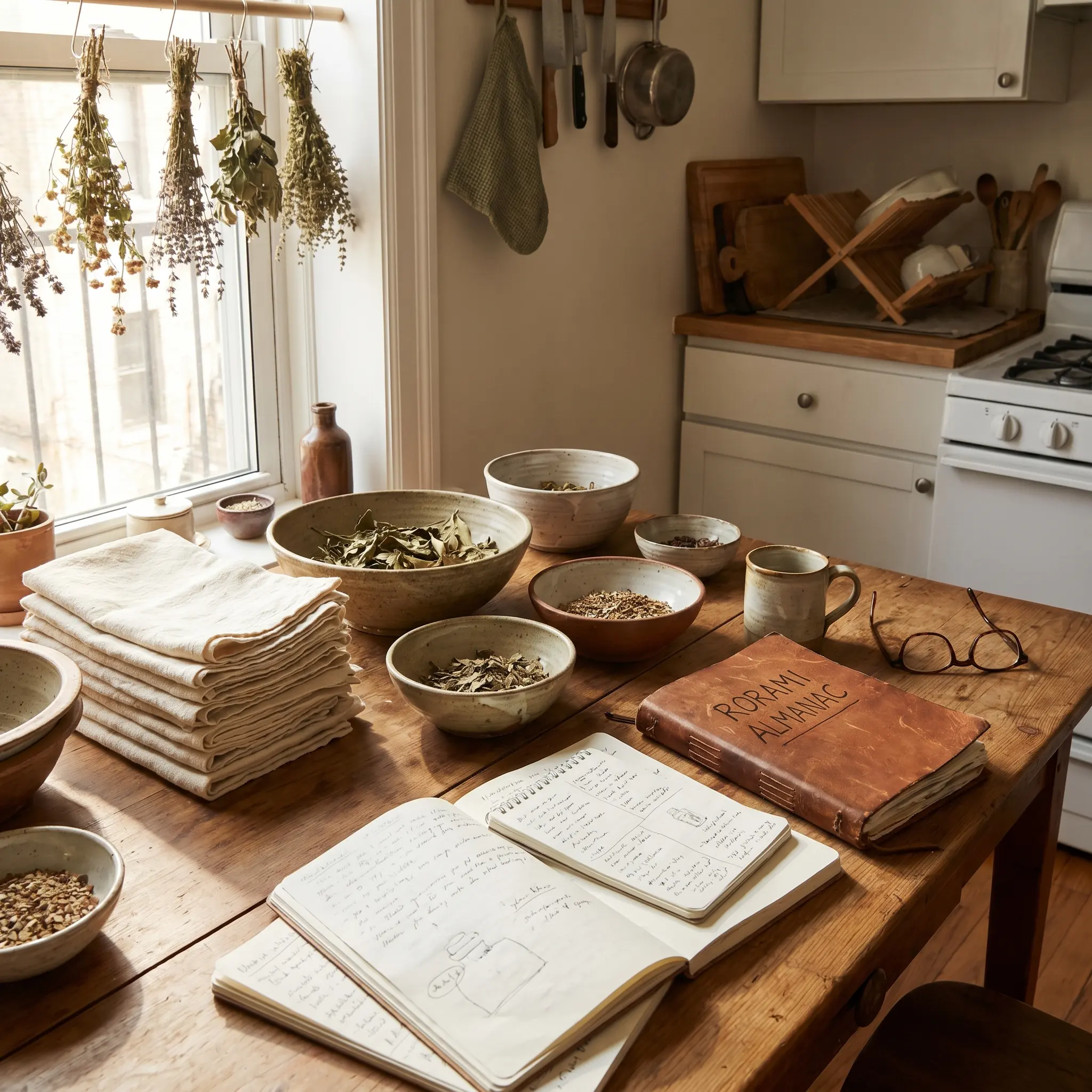 A lived-in preparation table with folded linen, small dishes, and warm side light