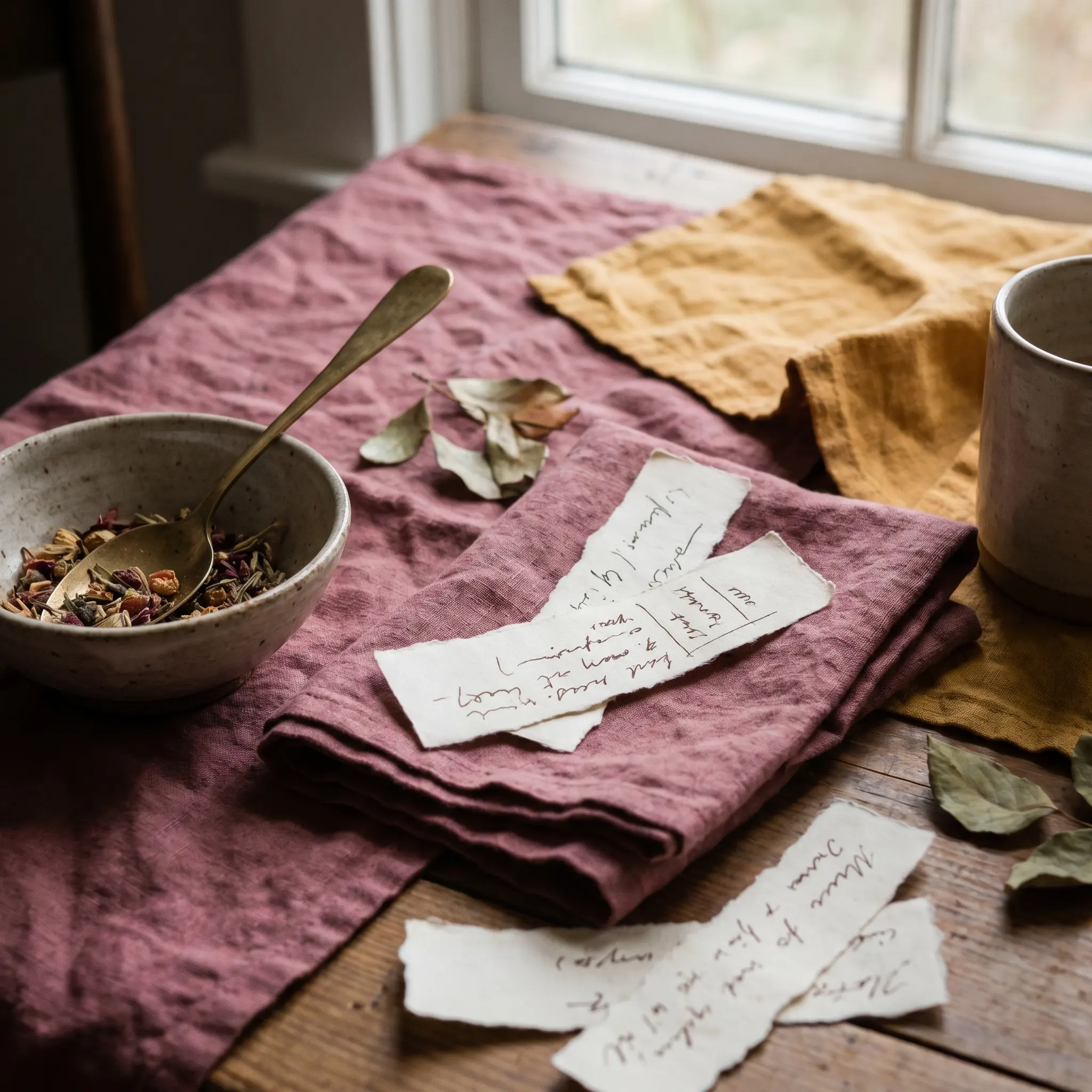 Rorami Almanac article tabletop with ceramics, linen, and quiet hosting notes