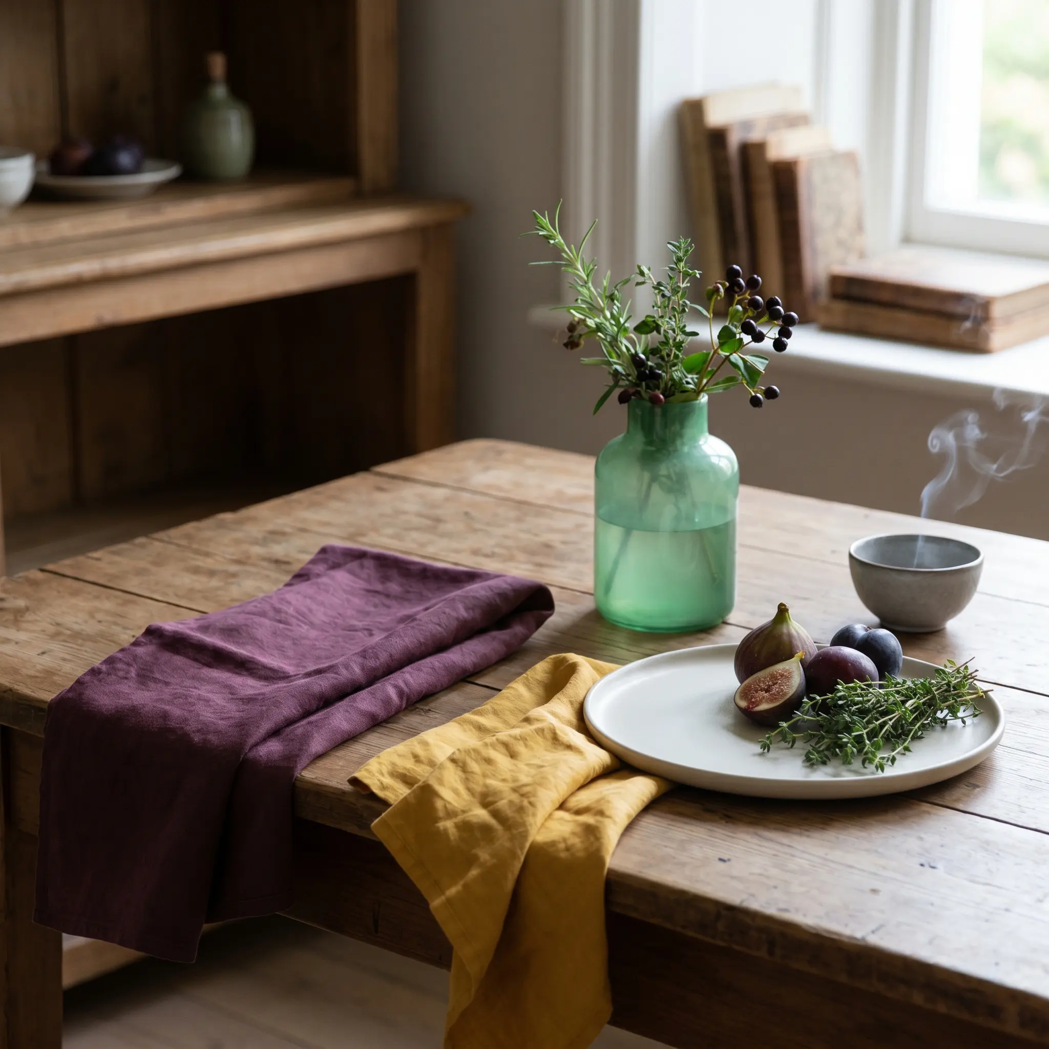 A tabletop color register with muted plum, jade, saffron, and bone tones