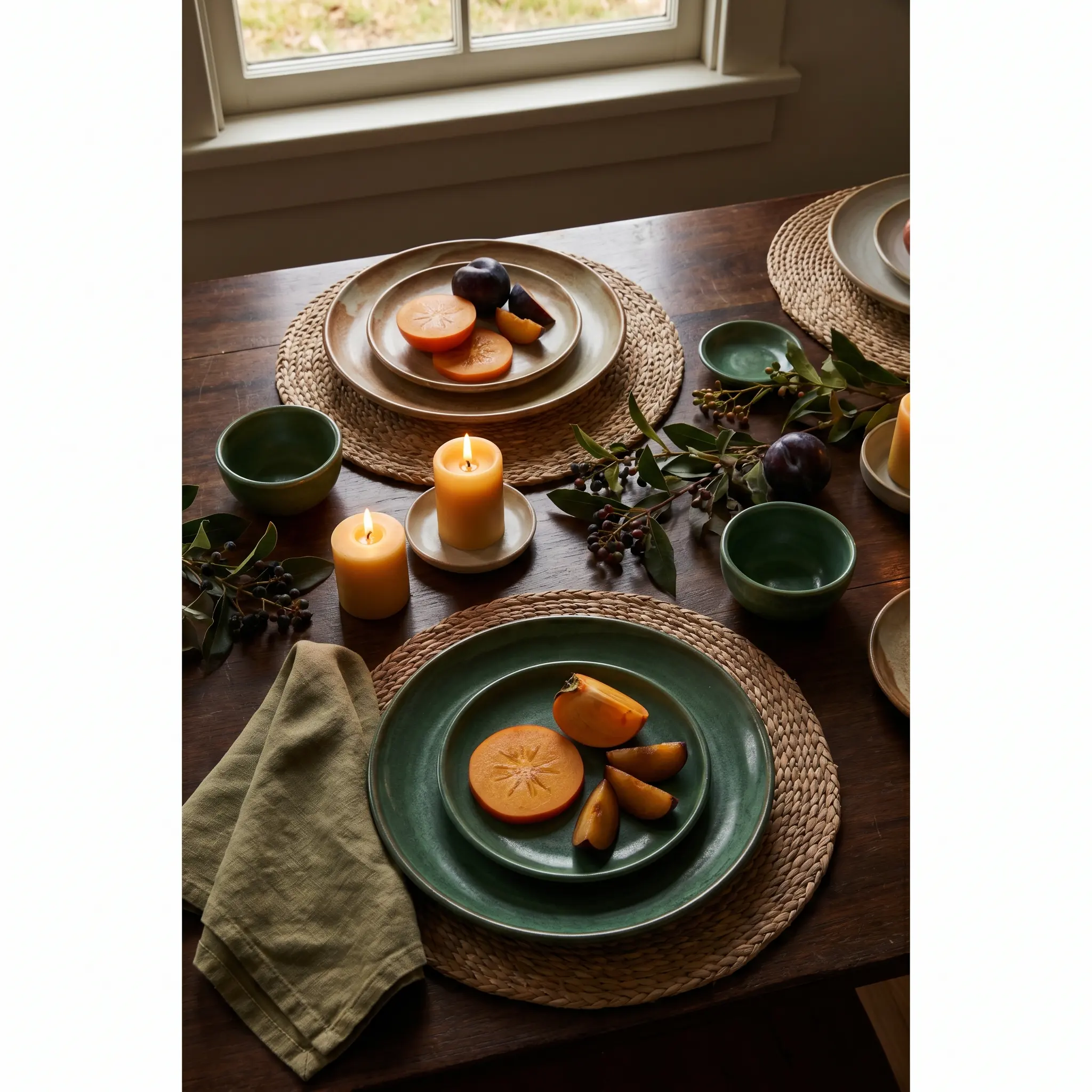 An intimate tabletop with linen, candles, ceramics, fruit, and warm evening color