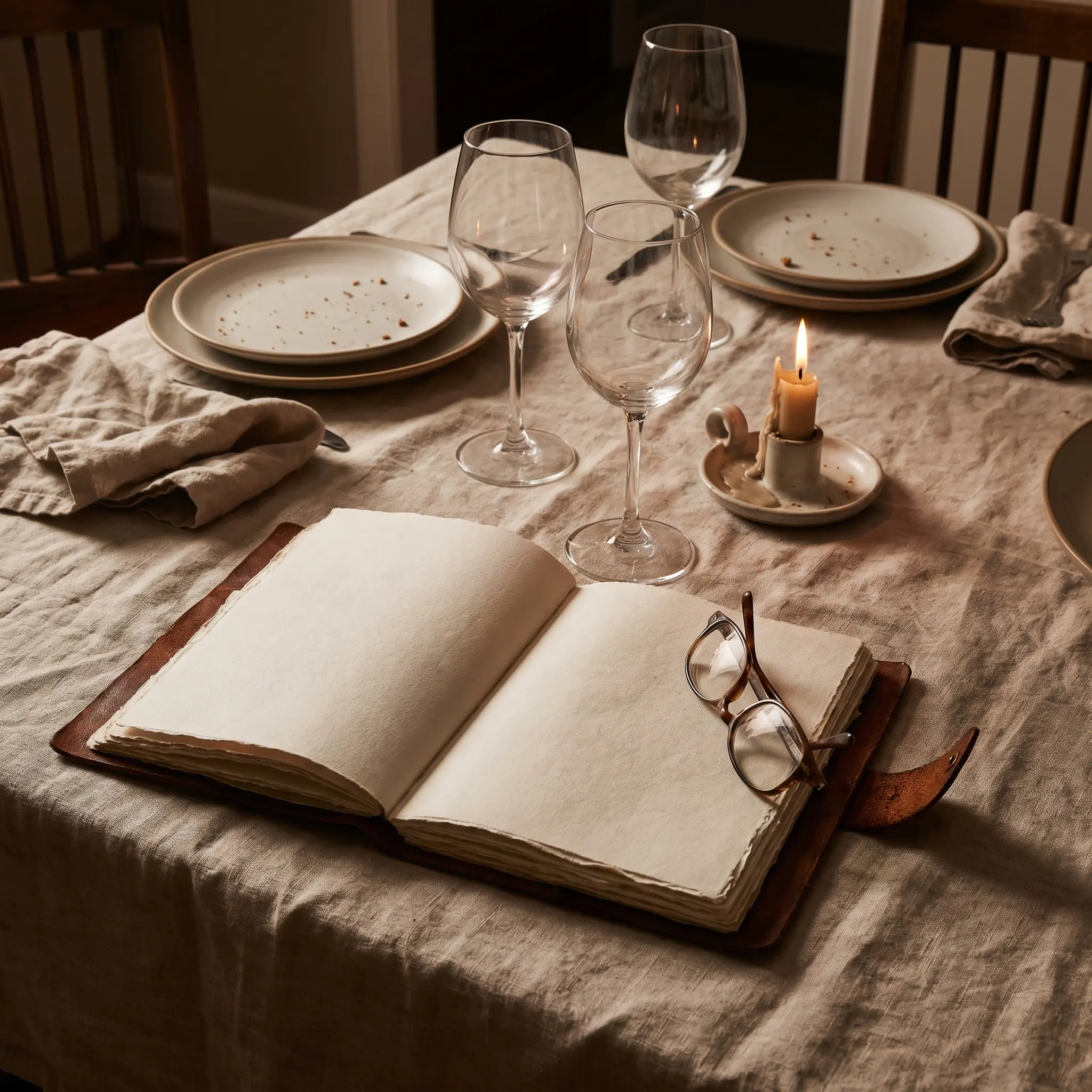 A host notebook beside used glasses, folded linen, and a cleared dinner table