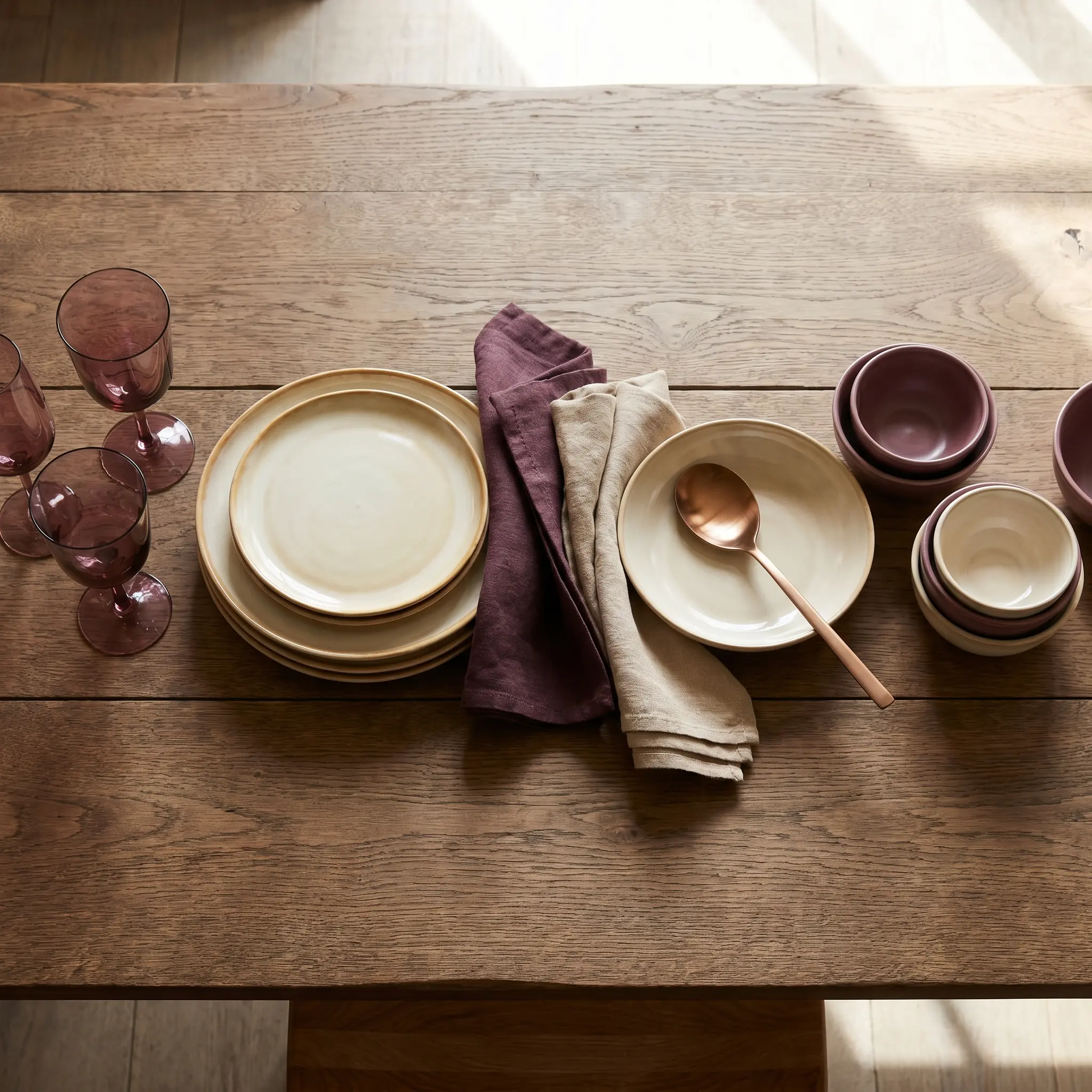 A tabletop arrangement showing glassware, linen, ceramics, and a serving sequence